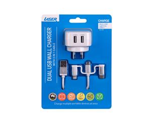 Laser Dual USB AC Charger with 3 in 1 Charging Cable White x 4Pcs BULK DEAL