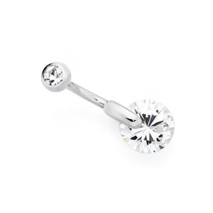 Silver & Steel Stainless White Cubic Zirconia Round Belly Bar