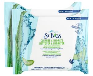 2 x 25pk St. Ives Cleanse & Hydrate Aloe Vera Face Wipes