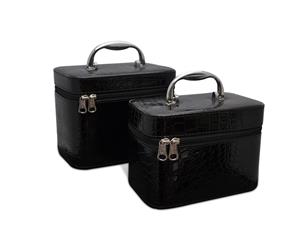 2PCs Luxury PU Leather Makeup & Jewellery Carry Case Box Black