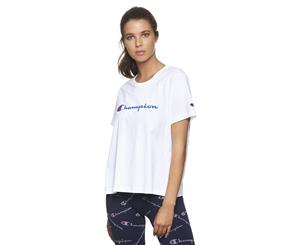 Champion Women's Script Logo Cropped Tee / T-Shirt / Tshirt - White