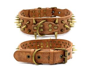 Dog Leather Collar Spiked & Studded Adjustable Dog Collar Rustic Brown