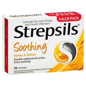 Strepsils Throat Lozenges Soothing Honey & Lemon 36 Pack