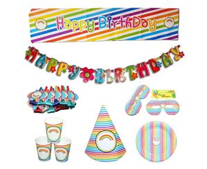 62pce Rainbow Stripe Colour Party Set Birthday Kids Event Bundle Pack Bulk - Rainbow