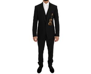 Dolce & Gabbana Black Wool Silk Gold Guitar Slim Fit Suit