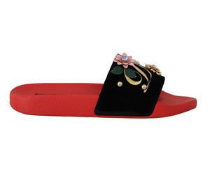 Dolce & Gabbana Red Velvet Crystal Beachwear Slides