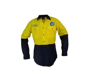 Parramatta Eels NRL LONG Sleeve Button Work Shirt HI VIS YELLOW NAVY