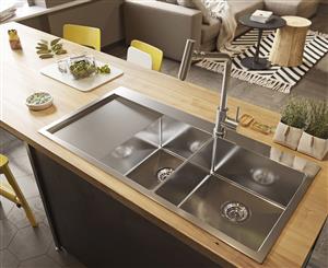 fluso 100x50cm Double Bowl Kitchen Sink w/ Tap Hole + Left Drainer Board