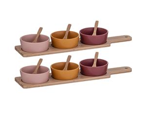 14pc Davis & Waddle Taste Serving Dips Bowls w Bamboo Paddle Pink Mustard Maroon