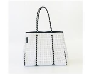 Hedzup Women's White Large Neoprene Tote Bag Black and white Ropes