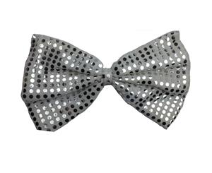 Large Bow Tie Sequin Polka Dots Bowtie Big King Size Party Unisex Costume - White/Silver - White/Silver