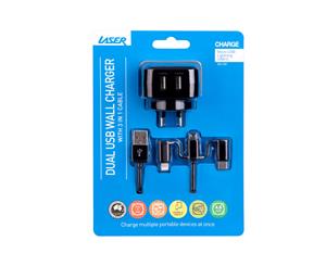 Laser Dual USB AC Charger with 3 in 1 Charging Cable BLACK x 4Pcs BULK DEAL