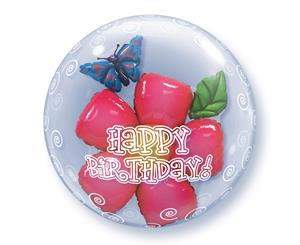 Qualatex 24 Inch Happy Birthday Flower Design Double Bubble Balloon (Clear/Pink/Blue) - SG4507