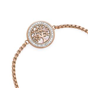 Rose Plated Steel Crystal & Pink Mother Of Pearl Round Tree Bracelet