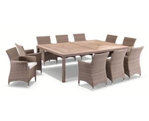 Sahara 10 Seat Outdoor Teak And Wicker Dining Setting In Half Round Wicker - Brushed Wheat Cream cushions - Outdoor Wicker Dining Settings