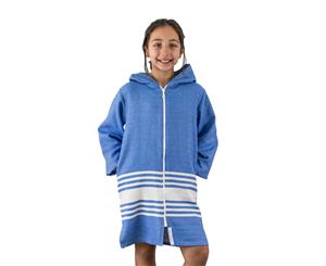 TASSOS Kids Hooded Turkish Towel Zip/Pockets | Unisex Royal Blue/White