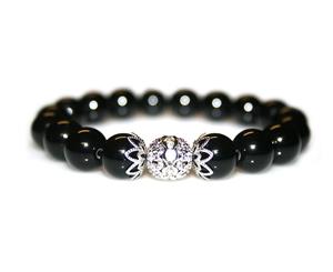 10mm Natural Grade A Black Agate & Rhinestone Beaded Stretchy Bracelet