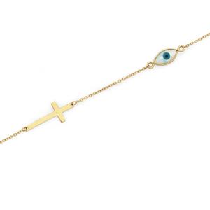 9ct Gold 18.5cm Mother of Pearl Evil Eye & Cross Bracelet