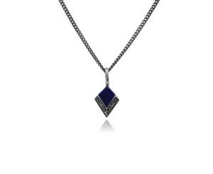 Art Deco Style Lapis Lazuli Cabochon & Marcasite Diamond Shape Pendant in 925 Sterling Silver