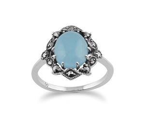 Art Nouveau Style Oval Blue Jade Cabochon & Marcasite Statement Ring in 925 Sterling Silver