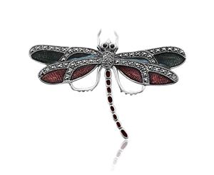 Art Nouveau Style Round Marcasite & Enamel Dragonfly Brooch in 925 Sterling Silver