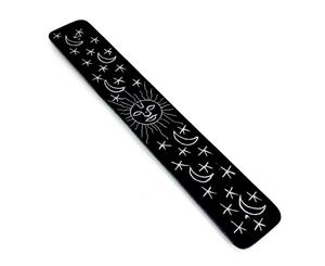 Black Stone Flat Ash Catcher - Moon And Sun Print - Incense Stick Holder