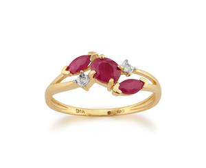 Contemporary Marquise Ruby & Diamond Three Stone Ring in 9ct Yellow Gold