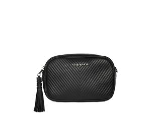 Mocha Chevron Box Leather Crossbody Bag - Black