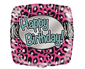 Pink Animal Print Happy Birthday 45cm Square Foil Balloon - Packaged