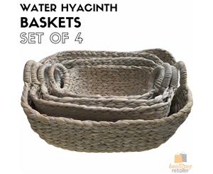 Set of 4 White Wash Water Hyacinth Storage Baskets w Handles Natural Hamper 8849