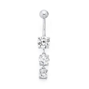 Silver &Steel Three Round Cubic Zirconia Drop Belly Bar