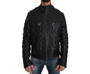 Trussardi Blue Leather Biker Zipper Motorcycle Mens Jacket