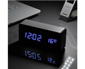 Blue Led Wooden 3 Alarm Clock + Temperature Display Usb/Battery Wood Black 6035