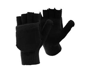 Floso Mens Plain Thermal Winter Capped Fingerless Gloves (Black) - GL224