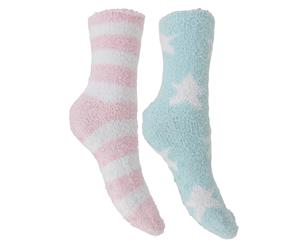 Foxbury Womens/Ladies Snowsoft Slipper Socks (2 Pairs) (Blue Stars/Pink Stripes) - W499