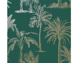 Holden Glistening Tropical Trees Wallpaper Teal/Gold (12820)