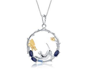 Olivia Yip - Cute Cat And Flying Elephant Play In Deep Blue Gems Women's Pendant