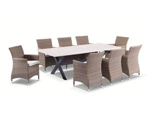 Sicillian 8 Seater Rectangle Stone Dining Table & Chairs In Half Round Wicker - Outdoor Stone Dining Settings - Brushed Wheat Cream cushions