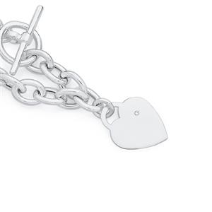 Silver 19cm Cable CZ On Heart Disc Fob Bracelet