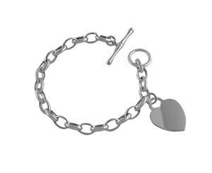 Sterling Silver Cable Link Heart Charm Toggle Bracelet 7.5" - White