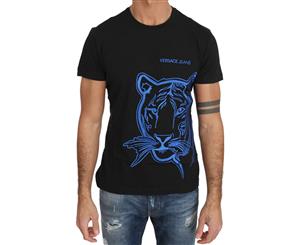 Versace Jeans Black Cotton Blue Tiger Embroidery Crewneck T-Shirt