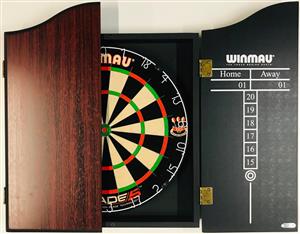 Winmau Blade 5 FIVE Dart Board and Winmau Rosewood Wooden Dart Cabinet with 6 Darts SET