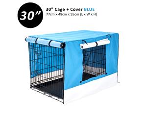 Wire Dog Cage Foldable Crate Kennel 30" with Tray + BLUE Cover Combo