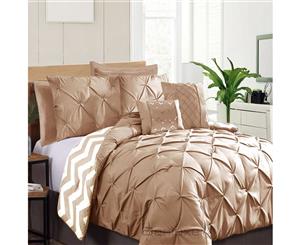 Queen Size Bed Reversible 7 Pieces Pinch Pleat Ruched Comforter Coverlet Bedspread Set Quilt 220x220cm Warm Taupe