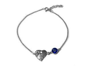 Heart Theme Double Sided Evil Eye Adjustable Anklet in Sterling Silver 9.5" to 11" - White