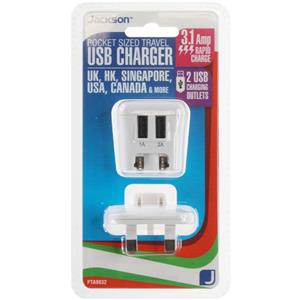 Jackson Travel 2 Outlet 3.1 Amp Rapid USB Charger for UK Hong Kong USA and more