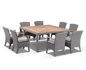 Sahara 8 Square With Kai Chairs In Half Round Wicker - Outdoor Wicker Dining Settings - Brushed Grey and Olefin Grey