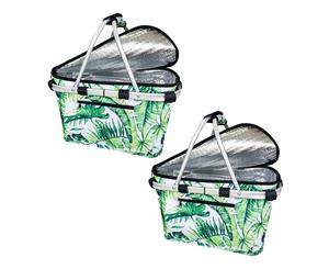 2x Sachi Collapsible Foldable Insulated Picnic Shopping Basket w Lid Jungle Leaf