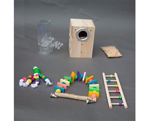 5 in 1 Bird Play Toys Set - Nesting Box Acrylic Feeder Swing and Ladder