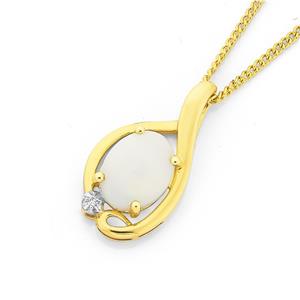 9ct Gold White Opal & Diamond Pendant